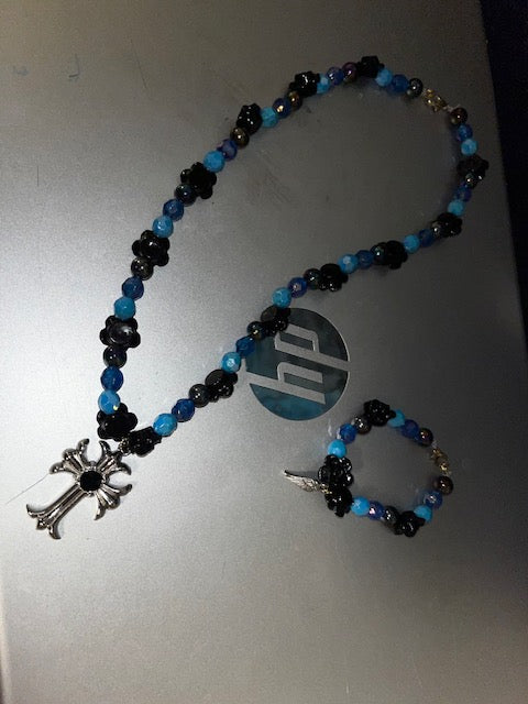 Blue Cross Necklace & Bracelet Set- Black, Sapphire Blue, Light Blue Beaded