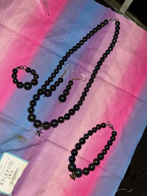 Black Beaded Jewelry Set- Graduated Necklace Bracelet Earrings & Stanley Charm