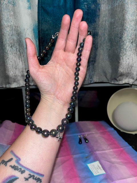 Black Beaded Jewelry Set- Graduated Necklace Bracelet Earrings & Stanley Charm